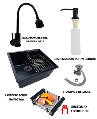 COMBO 50x44x23CM LAVADERO DE COCINA MEZCLADORA FLEXIBLE NEGRA