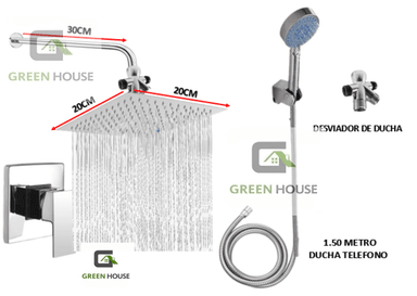 KIT DUCHA  ESPAÑOLA DE ACERO 20CM CROMADO+ MEZCLADORA + DUCHA TELEFONO - 3