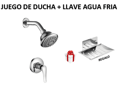 JUEGO DE DUCHA + LLAVE AGUA FRIA Y JABONERA ACERO REGALO