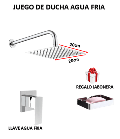 JUEGO DE DUCHA ACERO 20CM + LLAVE DE DUCHA CROMADO AGUA FRIA - 2