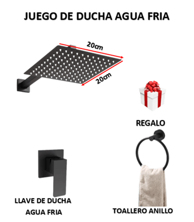 JUEGO DE  DUCHA  ACERO 20CM CUADRADO + LLAVE DE DUCHA  SOLO AGUA FRIA
