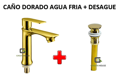 GRIFERIA  15CM DORADO  AGUA FRIA  + DESAGUE DORADO