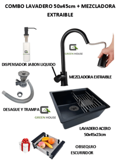 COMBO 50X44CM LAVADERO DE COCINA ACERO  MEZCLADORA EXTRAIBLE NEGRA
