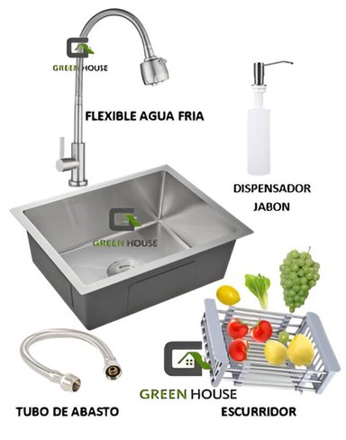 COMBO DE LAVADERO COCINA ACERO 44X39CM + GRIFERIA FLEXIBLE AGUA FRIA