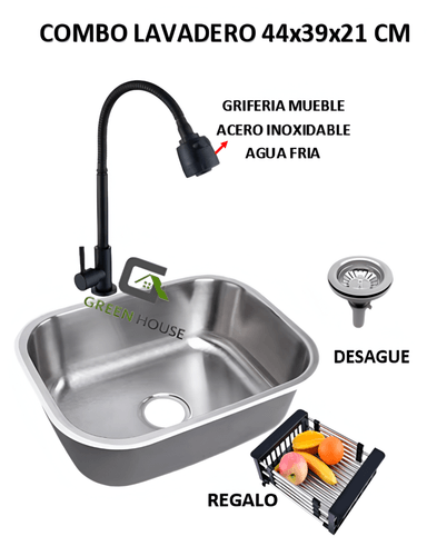 COMBO DE LAVADERO 44X39X21CM  + GRIFERIA  AGUA FRIA  ACERO INOXIDABLE
