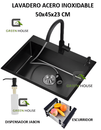 COMBO 50X45X23 CM LAVADERO DE COCINA ACERO  MEZCLADORA EXTRAIBLE NEGRA