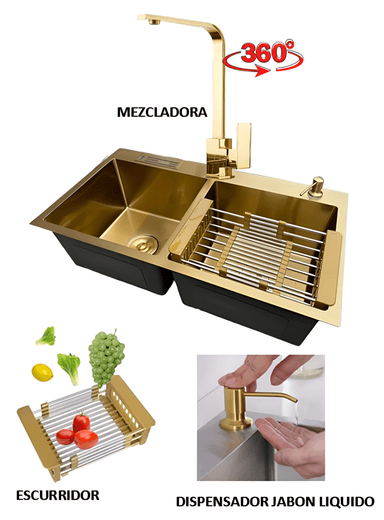 COMBO LAVADERO DE COCINA  2 POZAS + MEZCLADORA DORADA BRILLANTE - 1
