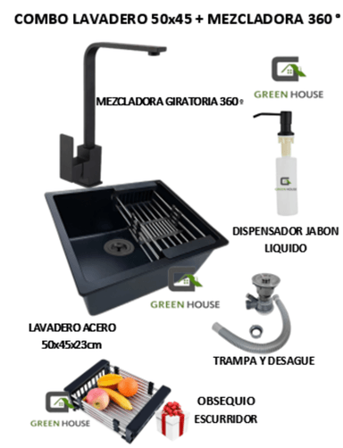 COMBO 50X44CM LAVADERO DE COCINA  + MEZCLADORA ACERO GIRO 360º
