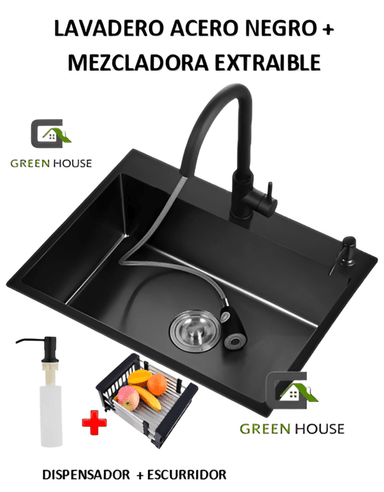 COMBO LAVADERO 60X45X23CM  NEGRO + MEZCLADORA EXTRAIBLE NEGRA