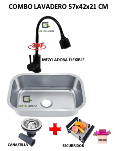 COMBO DE LAVADERO 57X42X21 CM + MEZCLADORA  FLEXIBLE NEGRO