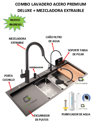 COMBO LAVADERO 100X 50 X23 CM ACERO PREMIUM DELUXE + MEZCLADORA