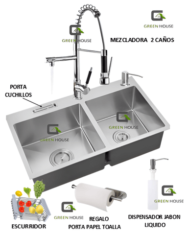 COMBO LAVADERO DE COCINA  2 POZAS + MEZCLADORA 2 CAÑOS CROMADO