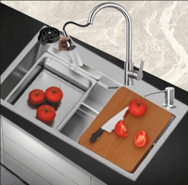 COMBO 75X45X23CM LAVADERO DE COCINA CON REBOSE MEZCLADORA EXTRAIBLE - 2
