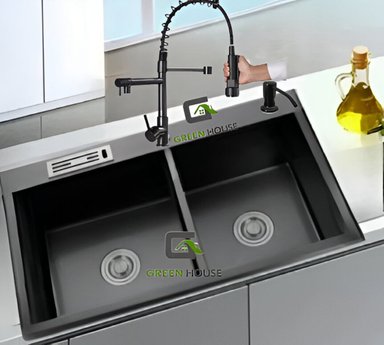 COMBO LAVADERO DE COCINA  2 POZAS + MEZCLADORA 2 CAÑOS NEGRO ACERO - 2
