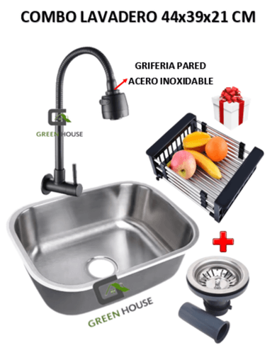 COMBO DE LAVADERO 44X39X21CM  ACERO + GRIFERIA  NEGRO ACERO INOXIDABLE