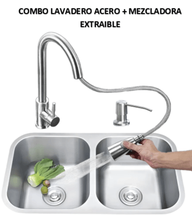 COMBO LAVADERO DE COCINA  2 POZAS  CROMADO + MEZCLADORA EXTRAIBLE