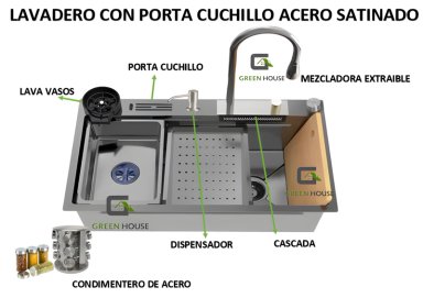 LAVADERO MULTIFUNCIONAL PORTA CUCHILLO SATINADO + CONDIMENTERO ACERO - 2