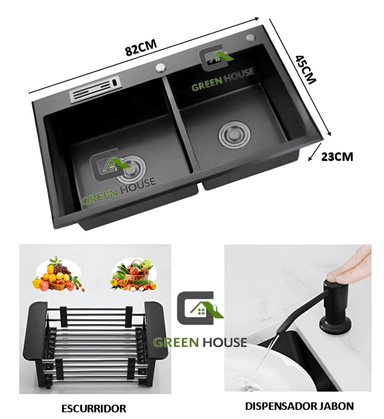 LAVADERO DE COCINA  NEGRO DOBLE POZA  CON PORTA CUCHILLO ACERO INOX.