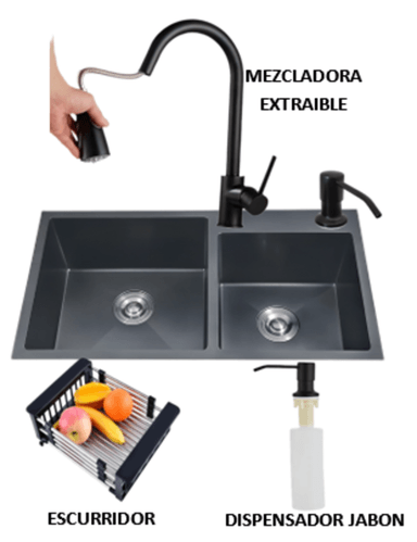 COMBO LAVADERO DE COCINA   NEGRO 2 POZAS + MEZCLADORA EXTRAIBLE