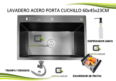 LAVADERO ACERO NEGRO MATE PORTA CUCHILLO  60X45X23CM