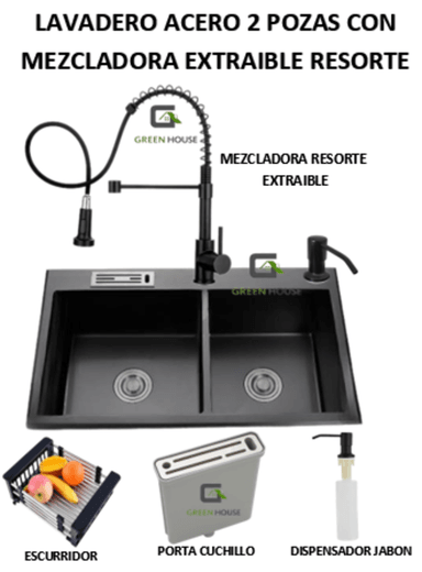 COMBO LAVADERO DE COCINA  2 POZAS NEGRO + MEZCLADORA EXTRAIBLE RESORTE