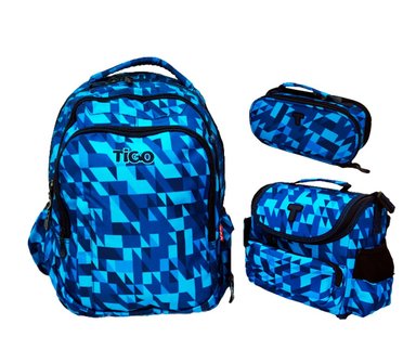 MOCHILA DON REGALO AZUL ESCOLAR TIGO SET 3 PIEZAS GEOMÉTRICO HOMBRE