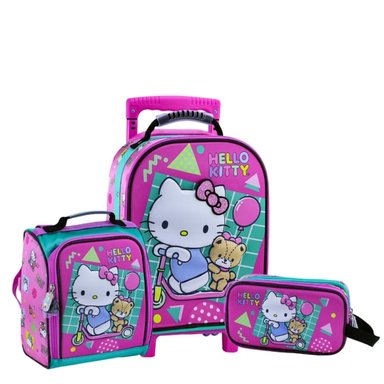 SET MOCHILA SCOOL ROSADO SHINNY HELLO KITTY MODELO MAGIC ESCOLAR PARA NIÑAS