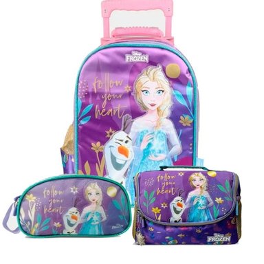 SETMOCHILA DON REGALO CELESTE DE 3 PIEZAS FROZEN TAMAÑO OFICIO A RUEDAS LONCHERA Y CARTUCHERA ESCOLAR PARA NIÑAS
