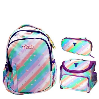 MOCHILA DON REGALO ROSADO ESCOLAR TIGO DE BRAZO PARA NIÑA ADOLESCENTE SET DE 3 PIEZAS CON CORAZONES PARA