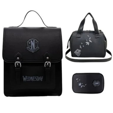 SET MOCHILA DON REGALO NEGRO ESCOLAR LONCHERA Y CARTUCHERA MERLINA MODELO 2024