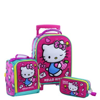 SET MOCHILA DON REGALO ROSADO HELLO KITTY MODELO MAGIC 1 ESCOLAR PARA NIÑAS CON RUEDAS