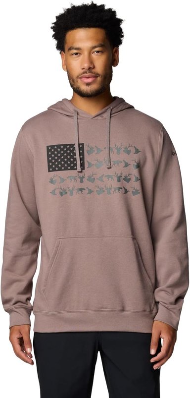 POLERA COLUMBIA COLOR MARRON GRISACEO PHG GAME FLAG PARA HOMBRE ADULTO CON CAPUCHA XXL