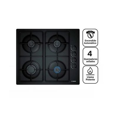 COCINA EMPOTRABLE A GAS GLP BOSCH 4 HORNILLAS 60 CM CUBIERTA VIDRIO NEGRO POP6B6B80V