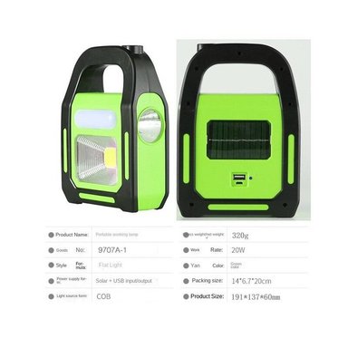 LINTERNA LUZ EMERGENCIA CON CARGADOR SOLAR PORTATIL Y RECARGABLE VERDE