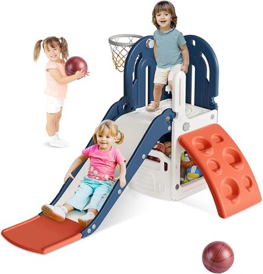 RESBALADERA  4 EN 1 CON ESCALADOR, ESPACIO PARA JUGUETES, ESPACIO PARA JUGUETES Y CESTO DE BASQUET - 1