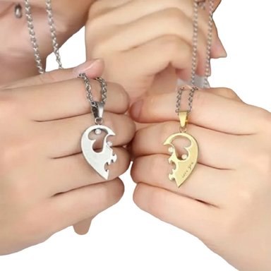 PAR DE COLLARES GENIEKA CORAZONES ACERO PAREJA NOVIOS JOYA BISUTERIA REGALO NAVIDAD