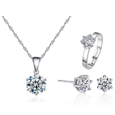 PACK DE JOYAS GENIEKA SHINY CRYSTAL ACERO COLLAR ARETES Y ANILLO PLATEADO NOVIA REGALO