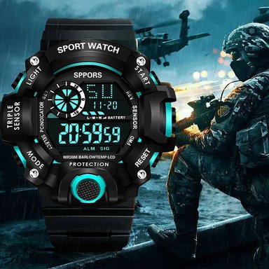RELOJ HOMBRE DIGITAL DEPORTIVO YIKAZE BLACK TURQUOISE LED MULTIFUNCIÓN MILITAR REGALO GENIEKA