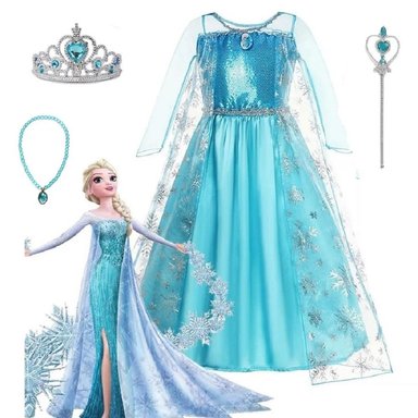 VESTIDO FROZEN ELSA ACCESORIOS REINA DE LAS NIEVES GENIEKA +CORONA +PULSERA +VARITA FIESTA CUMPLEAÑOS HALLOWEEN