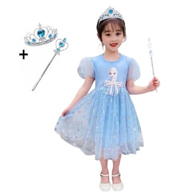 VESTIDO DISFRAZ MIDI NIÑA GENIEKA CELESTE PRINCESA ELSA FROZEN ACCESORIOS + VARITA + CORONA