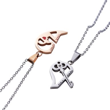 PAR DE COLLARES GENIEKA KEY OF LOVE ACERO PAREJA NOVIOS JOYA BISUTERIA REGALO