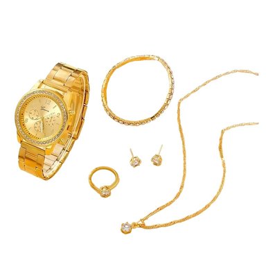 SET 6 PIEZAS RELOJ GENEVA MUJER ANÁLOGO LUJO + JOYAS + COLLAR + ARETES + ANILLO + PULSERA