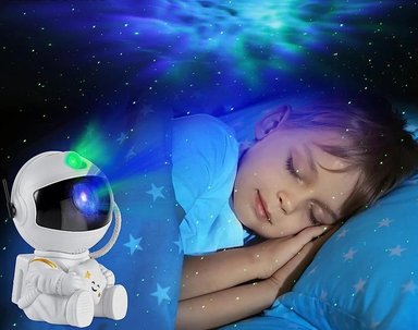 LAMPARA BLANCO PROYECTORA ESTRELLAS GALAXIA MOD ASTRONAUTA + CONTROL REMOTO LUZ LED CIELO NIÑOS DORMITORIO GENIEKA