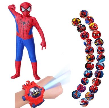 PACK DISFRAZ UNISEX MINISO ROJO SPIDERMAN + RELOJ PULSERA TRASFORMA ROBOT PROYECTOR HALLOWEEN DÍA DEL NIÑO NAVIDAD
