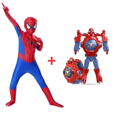PACK DISFRAZ NIÑO GENIEKA ROJO SPIDERMAN + RELOJ PULSERA PROYECTOR TRASFORMA ROBOT JUGUETE HALLOWEEN DÍA DEL NAVIDAD