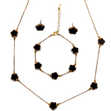 SET COLLAR ARETES Y PULSERA TREBOL NEGRO GENIEKA DORADO PACK JOYAS DISEÑO FLOR DE 5 PÉTALOS JOYERÍA MUJER FIESTA