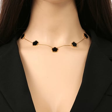 SET COLLAR ARETES Y PULSERA TREBOL NEGRO GENIEKA DORADO PACK JOYAS DISEÑO FLOR DE 5 PÉTALOS JOYERÍA MUJER FIESTA - 2