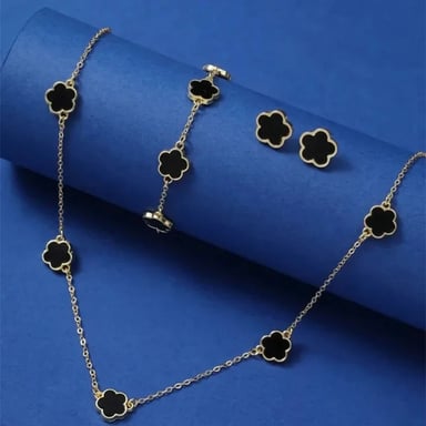 SET COLLAR ARETES Y PULSERA TREBOL NEGRO GENIEKA DORADO PACK JOYAS DISEÑO FLOR DE 5 PÉTALOS JOYERÍA MUJER FIESTA - 3