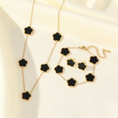 SET COLLAR ARETES Y PULSERA TREBOL NEGRO GENIEKA DORADO PACK JOYAS DISEÑO FLOR DE 5 PÉTALOS JOYERÍA MUJER FIESTA - 4