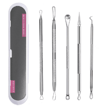 EXTRACTOR PUNTOS NEGROS REMOVEDOR ESPINILLAS ACNE SACA COMEDONES ACERO INOXIDABLE SET 5 PIEZAS